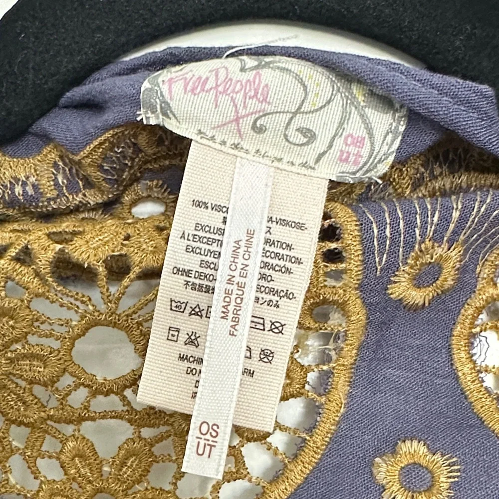 Free People Navy Blue and Gold Embroidered Wrap Scarf